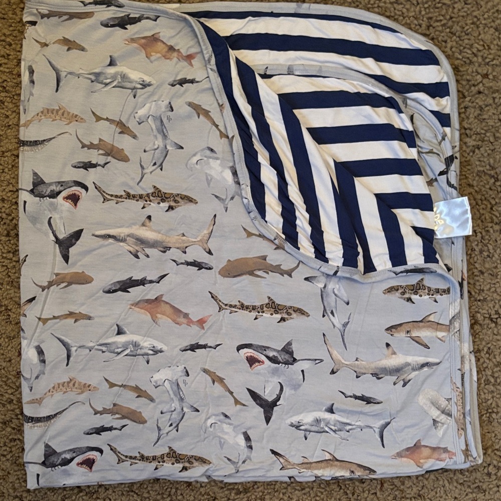 Posh Peanut Shark Print Baby Bamboo Blanket with Striped Reverse